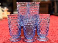 Indiana Glass Whitehall Colony Ice Blue Cubist 6” Footed Tumblers 5pc Ex Cond