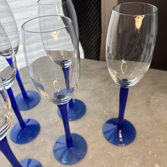 Set Of 6 9-1/8″ Tall Wine/Champagne Glasses Colbalt Stems A Few Poks During Pro.