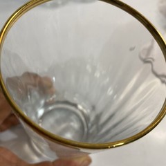 4 Clear Glass Tumbler Gold Rim Ribbed Swirl Weighted Bottom 6.5”. A49