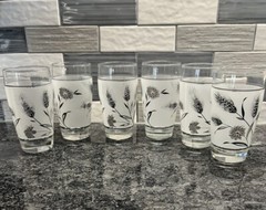 Vintage Set of 6 Libby Wildflower Wheat Tall Tumblers Grey App 5 ¼”x2 ¾” 3003-12