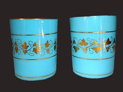 Pair of French Blue Gilt Opaline Glass 19th Century Beakers