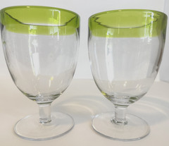 2 Hand Blown Clear Glasses Vibrant Lime Green Trim Thick Heavy 3.75 x 5.75″ EUC