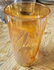 Set of 6 Vintage Amber Glass Tumblers Etched Cattail Reed Mid Century Barware
