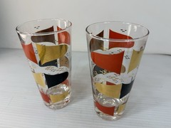 2 Mid Century Modern Atomic Highball Glasses Gold Red Black MCM