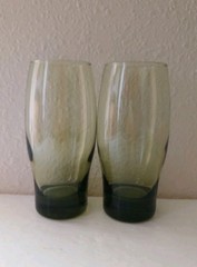 Vtg Libbey Perception Olive Green Curved Rocks Glasses, 2~10 Oz &2~16Oz, Set 4