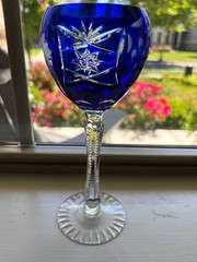 Czech Bohemian Crystal Cobalt Blue Cut To Clear Stem Stemware Wine Glasse 8 1/8″
