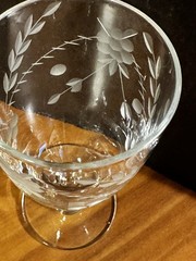 Vintage 1947, Gray Cut Floral & Dot Design, Juice Glass, 5 1/2″ Knob Stem
