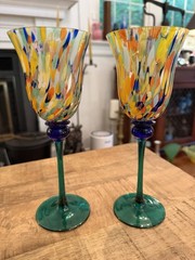 Pair Bohemian Czech Art Glass Spatter Confetti Wine Goblets 8.75” Cobalt Stem