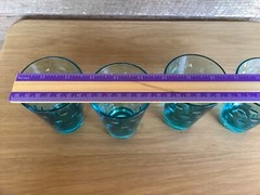 Hazel Atlas 4 Juice Cocktail Glasses Blue Capri Dot UV Glow Optic Dots Bar