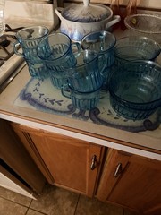 Vintage set of Fortecrisa Blue Azure Ice 8oz glass cups (8) and 4 cereal bowls.