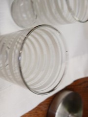 3 Vintage Highball Glasses -1940s. White etching, silver striping. Unique find!
