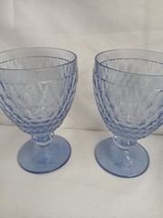4 Vintage Villeroy & Boch Boston Blue Glass Footed Embossed Water Goblets NEW