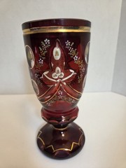 ANT VTG Bohemian Ruby Red Flash Glass Goblet Hand Painted Enamel Gilt Roses 19th