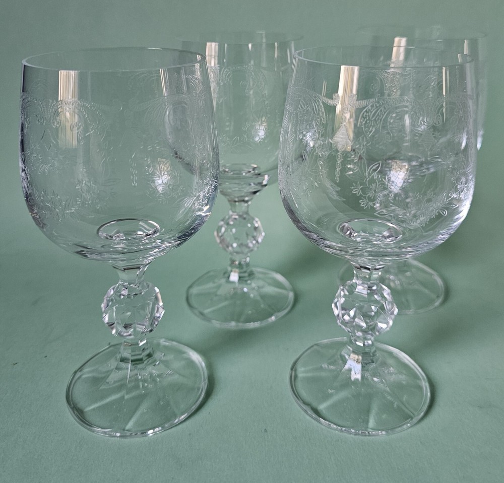 Set of 4 Bohemia Crystal Etched Cascade Vintage Wine Glasses Goblets Ball Stem