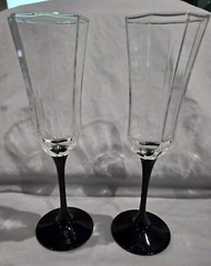 Vintage Luminarc France Champagne Flutes Black Stem Glasses Octagon pair of 2