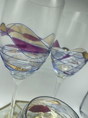 Stain Glass Tall Wine Glasses (2), PartyLite Water Calypso design + Bowl
