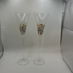 Art Glass Set Of 2 Confetti Champagne Flute Glasses, 11″ Murano Style Glass