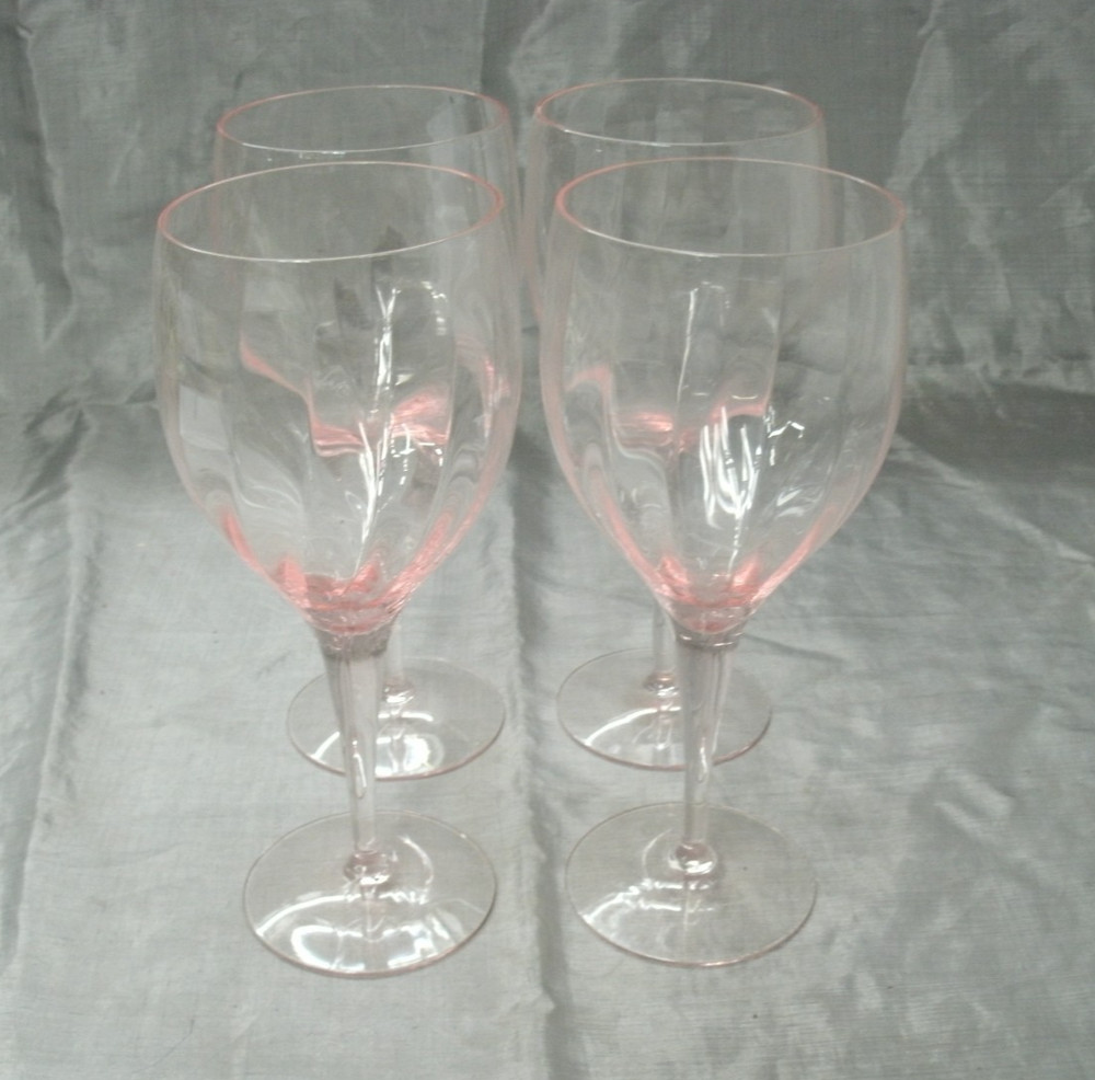 Vtg Unknown Mfg Optic Pink Set of 4~8-1/8″ Water Goblets Wine Glasses Stunning 1