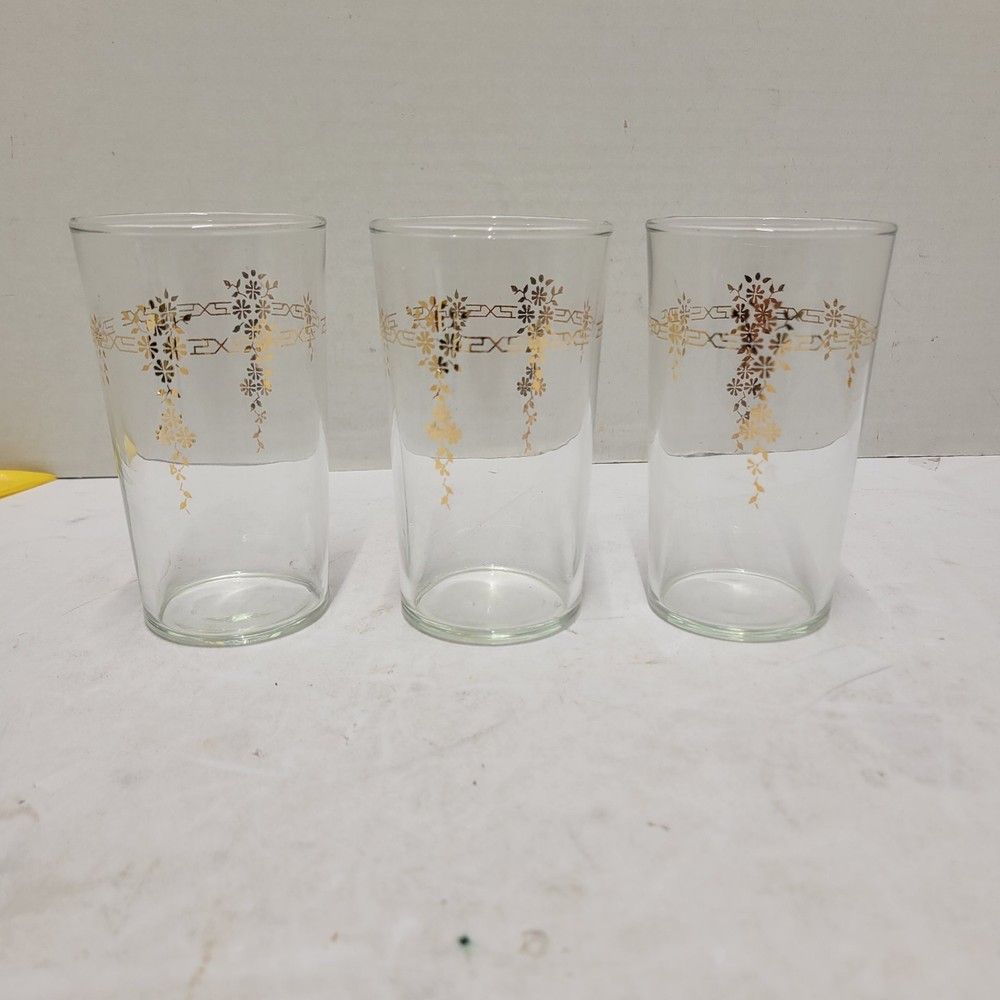 Macbeth Evans Petalware Glass Tumblers 22k Gold Regency Floral Design Set Of 3
