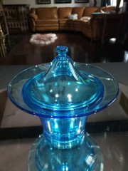 Flared Bowl CANDY DISH & LID 6″ Turquoise Aqua Blue Peacock Glass vtg UV Glow