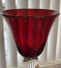 4 Vintage Artland Iris Ruby Red HandBlown Goblets Seeded Bubble Stem 8”H