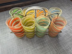 1950s–60s Frosted Stripe Glasses & Caddy Set – Colorful MCM Barware