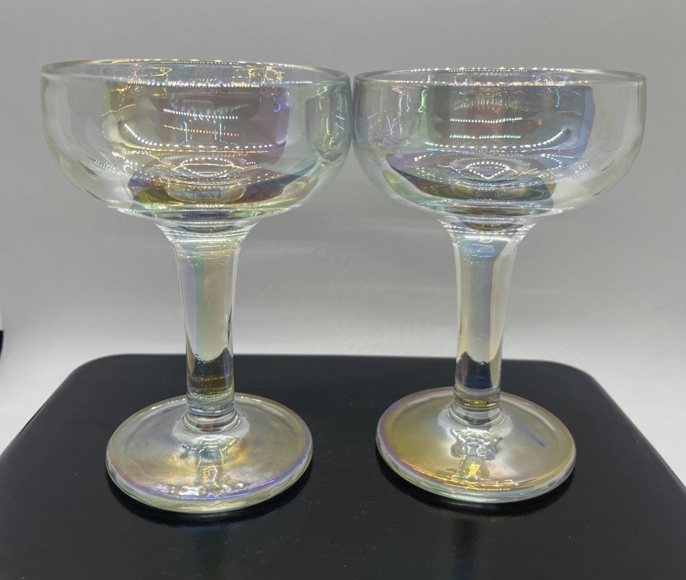 Vintage Iridescent Mold Blown Glass Champagne Coupes Sorbet Cups Heavy Set Of 2