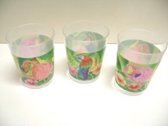 4 1/4″ tall PINK FLAMINGO, Parrot+ Macau Plastic Drinking Cups/Glasses Set of 3