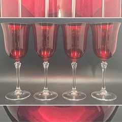 La Reine 4pc Vertical Stripes Ruby Red Cut to Clear Wine Glasses Italy 8″t 8oz