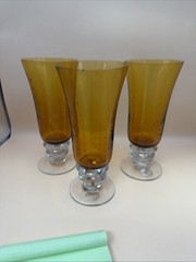 Zrike Amber Glass Pavilion Iced Tea Gobbler Bubble Pilsner Blown Glass Set of 3