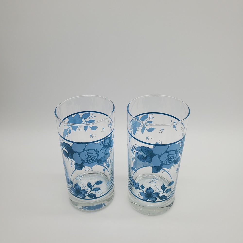 2 Corelle Blue Velvet Floral 16 oz Glasses