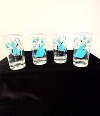 1960s Glass SWAN CATTAIL AQUA BLUE Clear Glasses Tumblers- Set of 4 – 5.25″H MCM