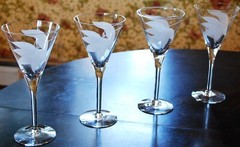 Vintage Set 4 FROSTED SWIRL CUT LEAF Crystal Water Goblets 8 1/8″ Midcentury Mod