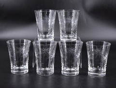 Vintage Fostoria Cut Crystal SUNBURST Set of 6 Flat Tumbler Glasses 4″ 8 oz.