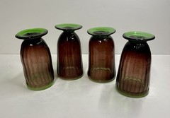 Set Of 4 Hand blown Purple Plum & Green Primitive Pedestal Bubble Glasses 5.75”