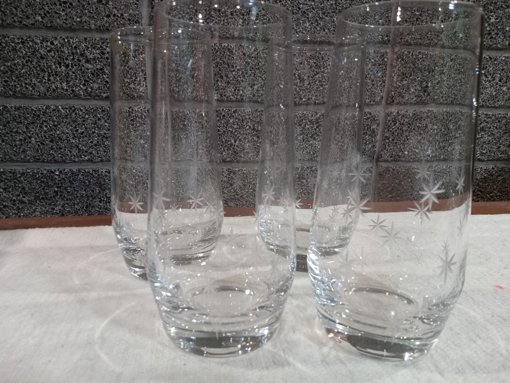 Vintage MCM Atomic Starburst Design Glass Tumblers w/ Weighted Bottoms Set of 4