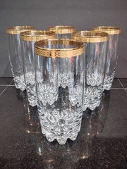 Vtg Set Of 6 VALENCIA High Ball Drinking Glasses 24K Gold 12.5 oz Hand Decorated