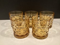 LOT OF 5 Retro MCM Amber 3.25” Optic Bubble/Coin Dot Tumblers VG Condition