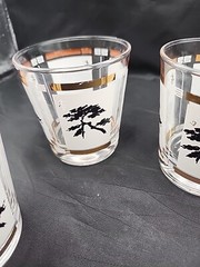 4 Far East Bonsai Tree Whiskey Rocks Glasses MCM Gold Black White Vtg Asian Vibe
