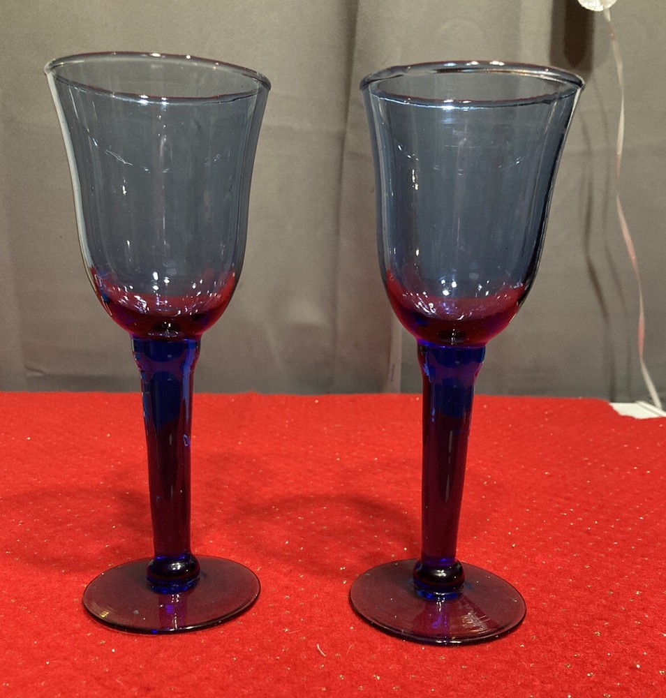 Cobalt Blue Wine Glass Hand Blown Glass Solid StemGoblet Bell Shape 8 oz Pr-2