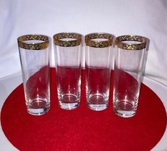Set of 4 GOLD RIM Highball Glasses 6.5″ Vintage MCM Gold Band Excellent