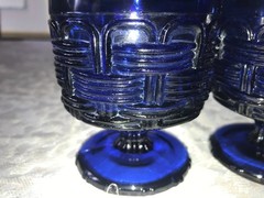 2 Rare L.E. SMITH Cobalt BLUE Wicker BASKETWEAVE 14oz Pedestal TUMBLER Goblet 6″