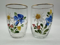 Delicate Little Swiss Juice Glasses «St. Wolfgang» Floral with Gold Trim on Rim