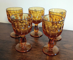 Five (5) Fenton Colonial Amber Thumbprint Wine Goblets YOP 1972-73