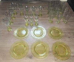 32 Piece Tiffin Etched Vaseline Glass Dinner Set – Lime Green Ribbed Stems RARE