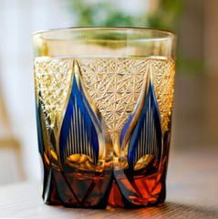 J20 Hand Cut Edo Kiriko Glasses Drinking Glass 9 Ounces Amber Blue Whiskey Cup