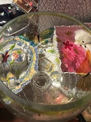 Hand Painted Butterfly Floral Clear Glass Goblet Green Rim 17 oz China