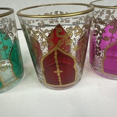 Moroccan Style Glasses Gold Rimmed 4″ Tall Green Pink Red Purple/blue T3