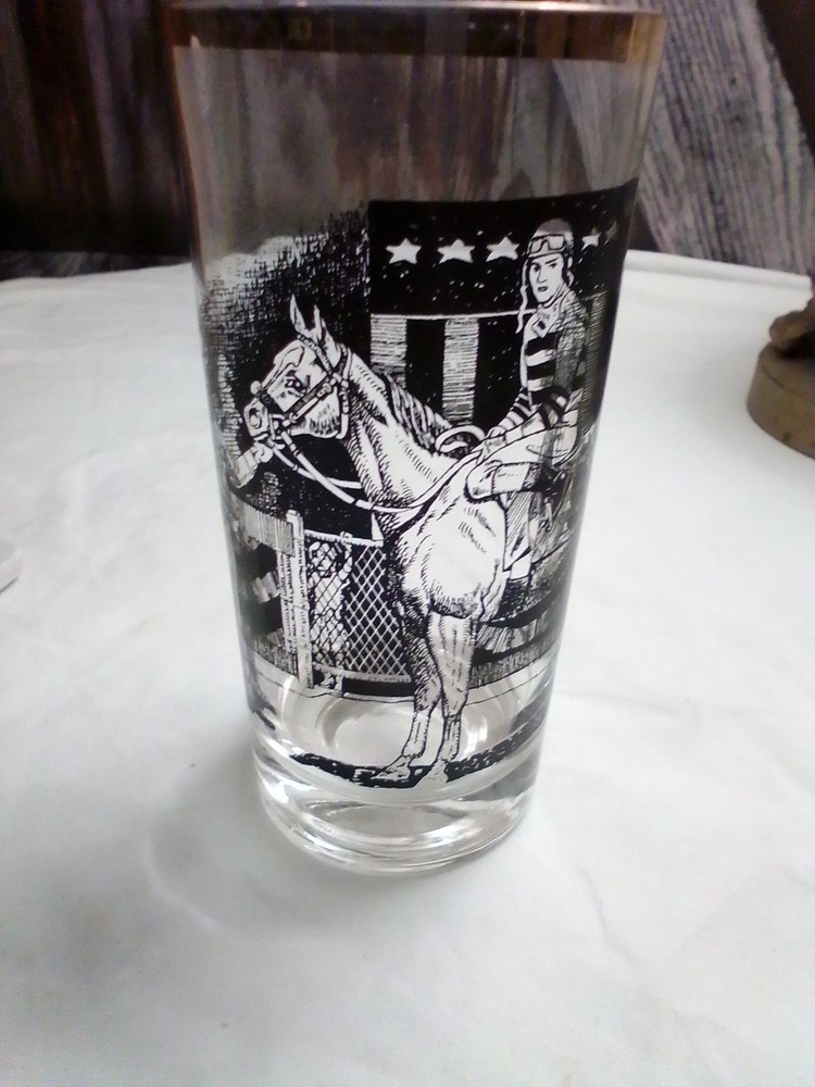 Vintage Highball Glass , 22k Gold Trim, Horse Racing