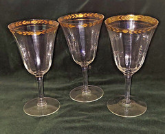Set of Three Vintage Blown Glass Wine Glasses with Wide Gold Edging, Cut Laurel